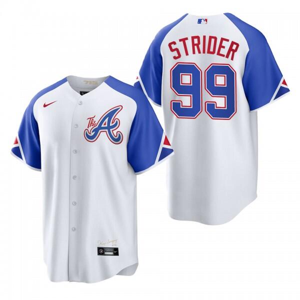 Men's Atlanta Braves #99 Spencer Strider White 2023 City Connect Cool Base Stitched Baseball Jersey